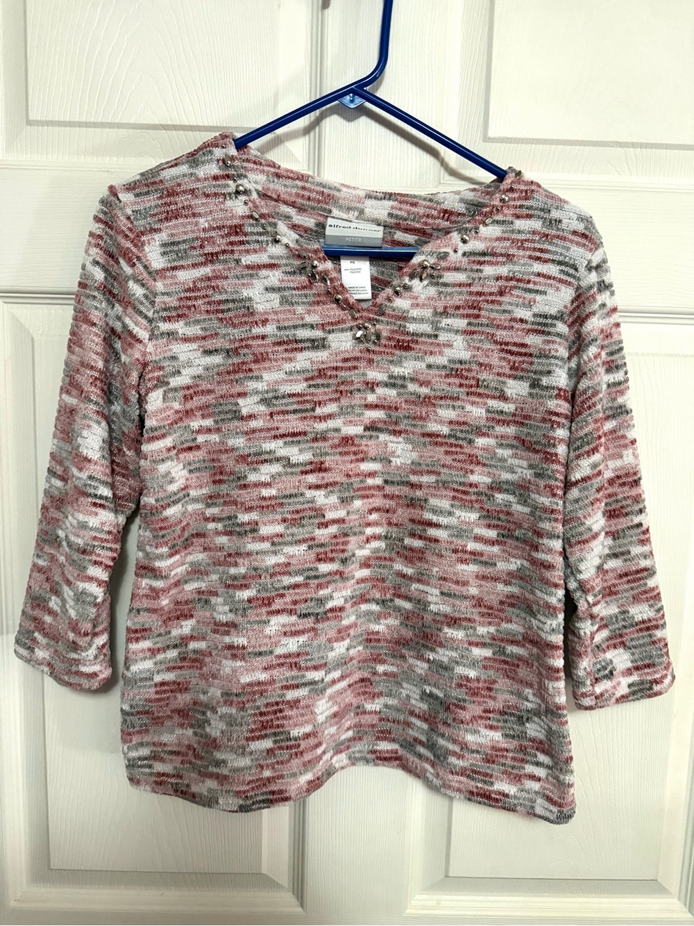 Alfred Dunner Pink Gray White V-Neck Knit Sweater with Embellished Trim
